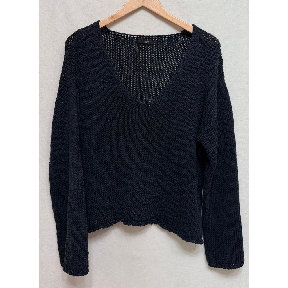 Massimo Dutti Women's Sweater Dark Navy Linen Cotton Open Knit V-Neck Minimalist